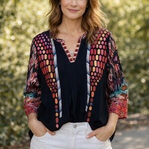 Ranna Gill Embroidered Blouse Jewel Tone Top V-Neck Pleated Black Size Small
